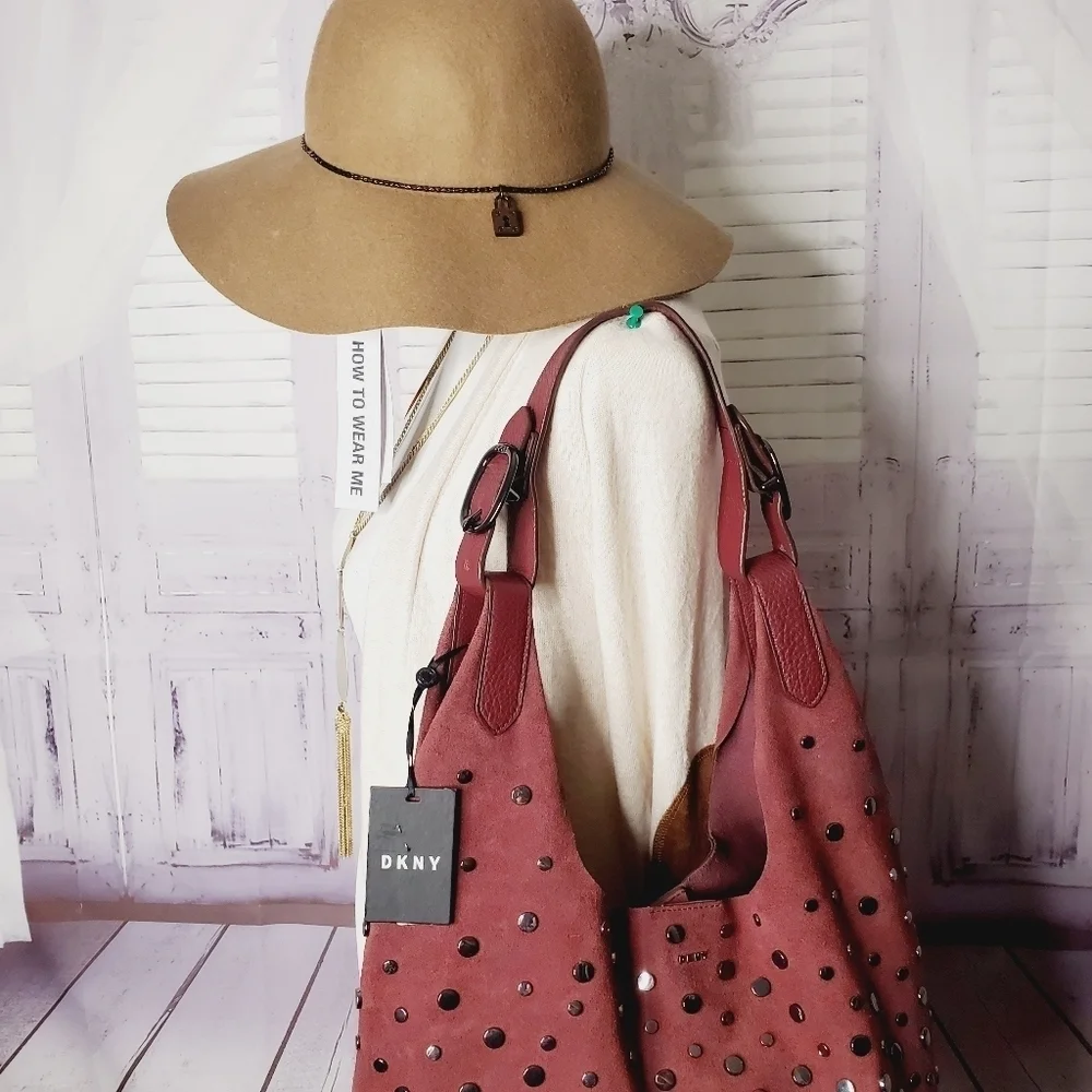 DKNY WES COLLECTION STUDDED BOHO SUEDE BAG OXBORD‎ SHOULDER HOBO PURS…
